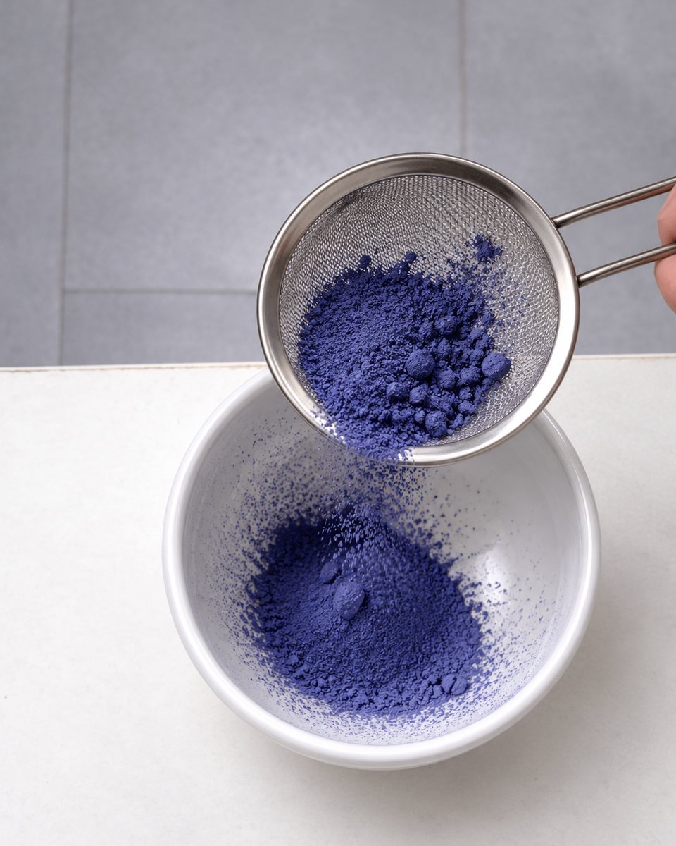 Sifting Blue Haze powder into a white bowl