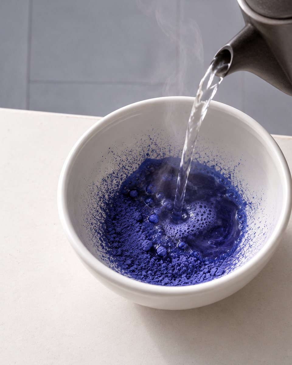 Pouring hot water over the sifted powder