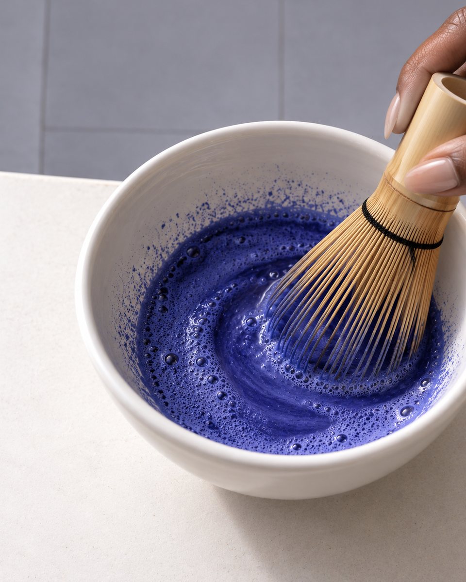 Whisking Blue Haze with a bamboo whisk