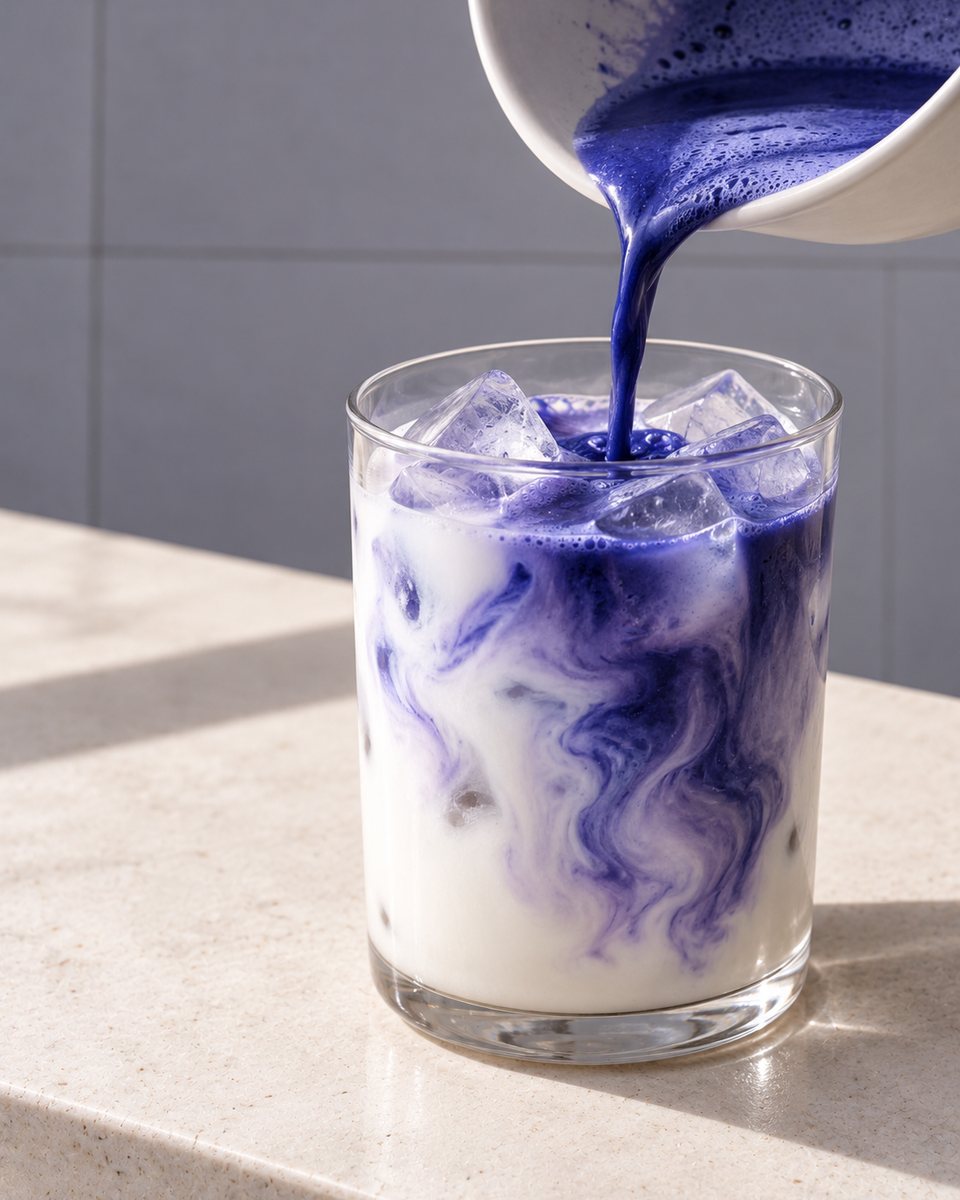 Pouring whisked Blue Haze over iced milk